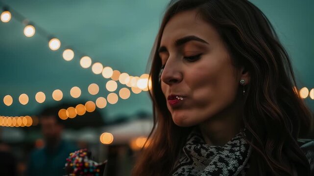 A woman enjoys eating a chocolate-dipped strawberry covered in sprinkles under string lights at a fair. Sweet dessert indulgence footage.
