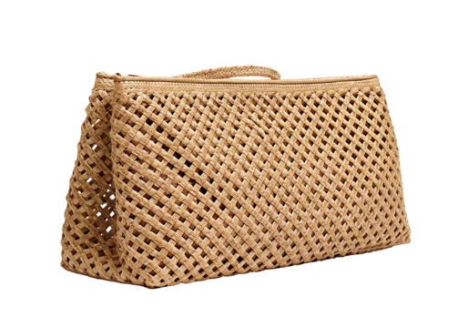 Woven straw handbag with intricate lattice design against black background fashion accessory style