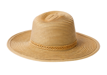 Elegant woven straw hat with wide brim isolated on solid black background for summer fashion