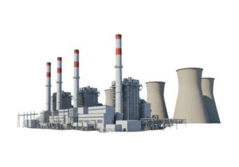 Industrial power plant with cooling towers and smokestacks under a clear sky