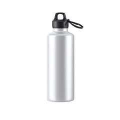 Silver metal water bottle with black cap and handle