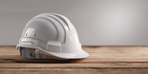 Fototapeta premium White safety helmet rests on wooden surface, symbolizing protection and construction. helmet smooth design contrasts with rustic texture of wood, creating professional and secure atmosphere