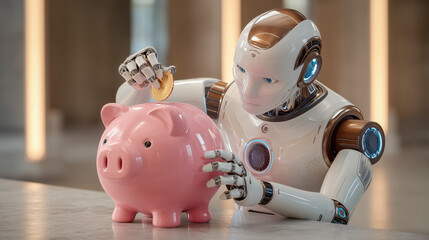 Obraz premium A humanoid robot placing a shiny gold coin into a piggy bank, symbolizing savings and financial responsibility through AI. The robot’s sleek design and futuristic features create a sense of trust and 