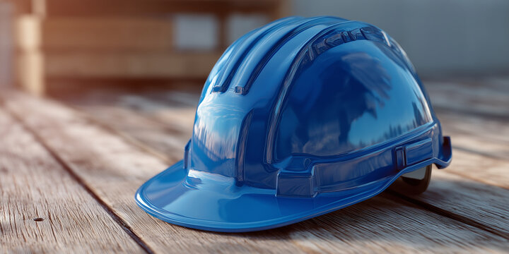 Blue safety helmet rests on wooden surface, reflecting sunlight and nearby structures, symbolizing protection and readiness in construction environments