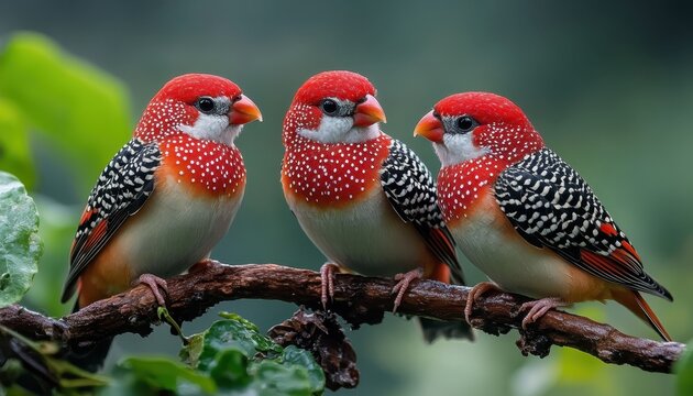 Three Diamond Firetail Finches on Branch, Exotic Birds, Wildlife Photography