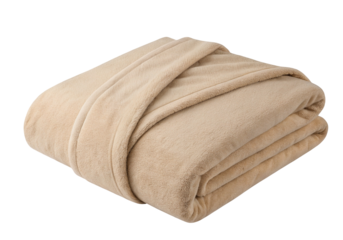 Soft beige fleece blanket neatly folded on black background for minimalist home decor style