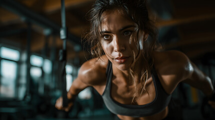 Athletic Woman Performing Suspended Push-Up - Dramatic Floating Rope Pose in Gym, Toned Body in Mid-Action