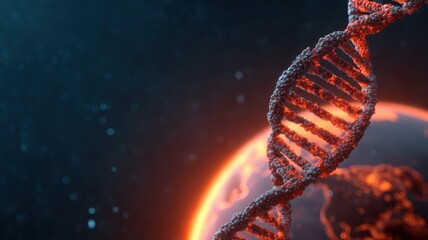 global health accessibility. DNA strand illuminated over a glowing planet, symbolizing life and science.