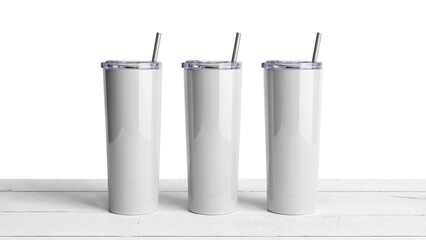 Three sleek white stainless steel tumblers with silver straws stand ready for your custom design