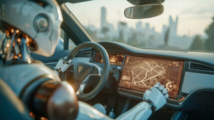 A humanoid robot in the driver’s seat of a car, interacting with a holographic interface displaying a simplified city map with a highlighted route. The modern, tech-forward car environment emphasizes 