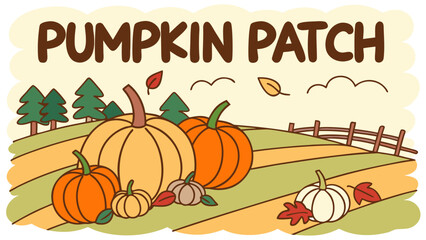 Charming illustration of a vibrant pumpkin patch scene with various pumpkins evergreen trees and a rustic wooden fence under a cloudy sky