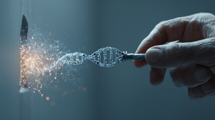 global health accessibility. A hand holding a needle creates a DNA strand from sparkling particles.