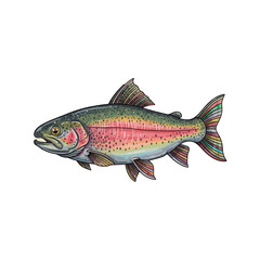 Detailed rainbow trout fish illustration. Vector drawing for fishing and seafood design.