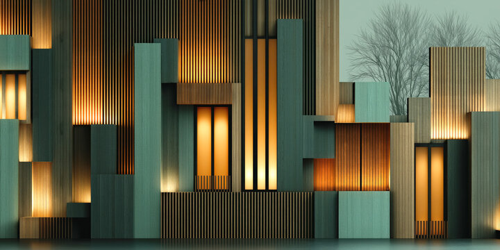 Futuristic wooden facade with geometric panels and warm lighting, architectural concept background - Powered by Adobe