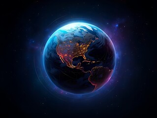 Fototapeta premium Glowing earth seen from space with continents illuminated by city lights at night