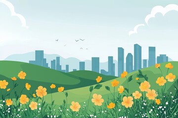 Captivating illustration of a cityscape embracing nature's beauty with orange flowers.