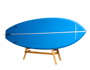 Sleek blue surfboard with shiny surface, transparent background PNG