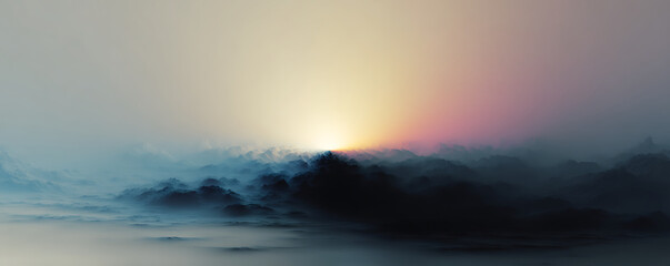 Mystical sunrise over an abstract and ethereal foggy landscape