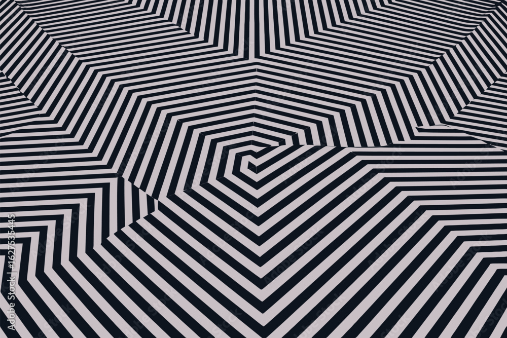 Poster a black and white striped pattern with a swirling center creating an optical illusion of movement an
