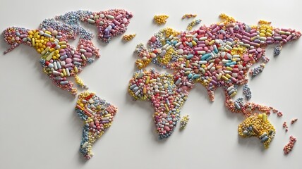 global health accessibility. World map created from various pills and capsules, symbolizing global health issues.