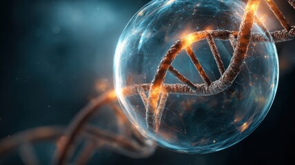global health accessibility. Abstract depiction of DNA strands inside a glowing molecular structure.