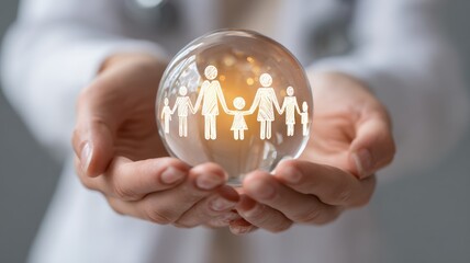 global health accessibility. A person holds a glass orb depicting a family illustration inside.