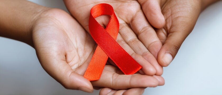The red HIV awareness ribbon held gently in supportive hands.