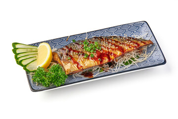 Grilled mackerel fillet glazed with teriyaki sauce, garnished with sesame seeds and green onions, served on decorative plate with sliced cucumber, lemon wedge, parsley, and shredded radish