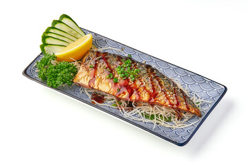 Grilled mackerel fillet with teriyaki sauce served on decorative plate, garnished with fresh parsley, lemon wedge, cucumber slices, and placed over shredded vegetables