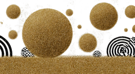 Golden orbs float over a bed of sand, interspersed with abstract designs