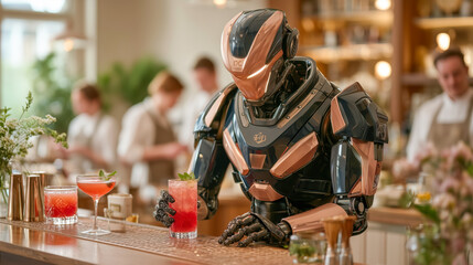 A humanoid robot expertly preparing cocktails at a modern bar, skillfully mixing ingredients with precision, in a lively, futuristic setting with dynamic lighting. Concept of AI-enhanced bartending an
