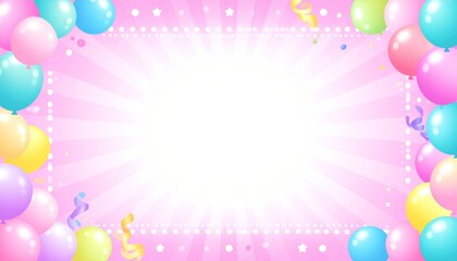 Colorful vector illustration of a birthday party background with balloons, confetti, and a decorative frame