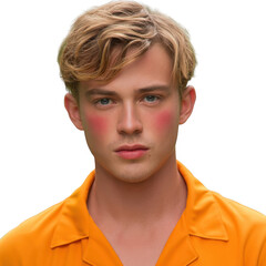 Close up portrait of a young man with blond hair and orange shirt isolated on transparent background
