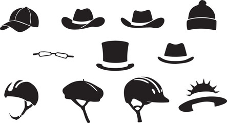 Assorted Headwear And Eyewear Silhouettes On White Background hats caps