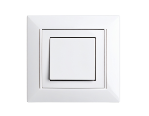 Square white wall light switch with clean edges, transparent background PNG