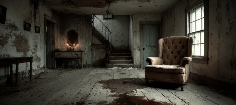 Serial killer grunge old home interior. Generative AI technology.