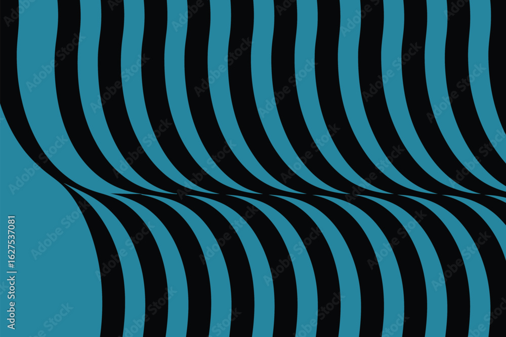 Poster abstract background with wavy black stripes alternating with blue stripes creating a visual illusion