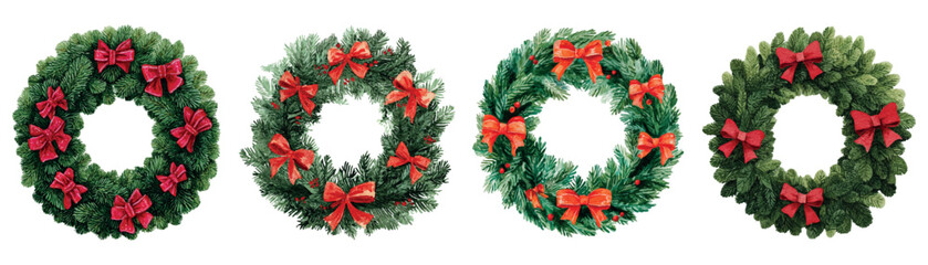 Watercolor set of Christmas wreaths. A wreath of green Christmas tree branches decorated with red bunting. Vintage Christmas decorations for doors, walls, etc. Watercolor Christmas elements.