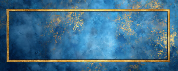 Elegant golden rectangular frame on a blue and gold marble textured background