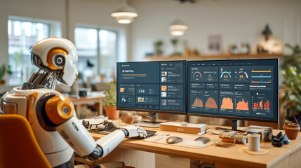 A humanoid robot managing digital marketing campaigns, analyzing social media engagement metrics, and posting content in a high-tech office environment. Concept of AI in digital marketing and real-tim