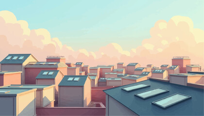 Fototapeta premium Illustration of modern city rooftops with skylights under pastel sky clouds