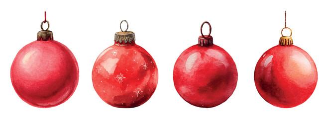 Watercolor set of red Christmas balls png. Christmas decorations in the form of red balls for the Christmas tree, Christmas and New Year decor. Clipart for winter, Christmas and New Year cards.
