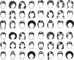 Obraz premium Set of black and white line art vector icons for different hairstyles