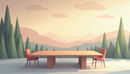 Fototapeta premium Minimalist Outdoor Dining Area with Wooden Table and Red Chairs in Scenic Mountain Landscape