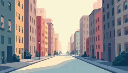 Colorful Urban Street Scene Illustration of Modern City Buildings in Pastel Tones