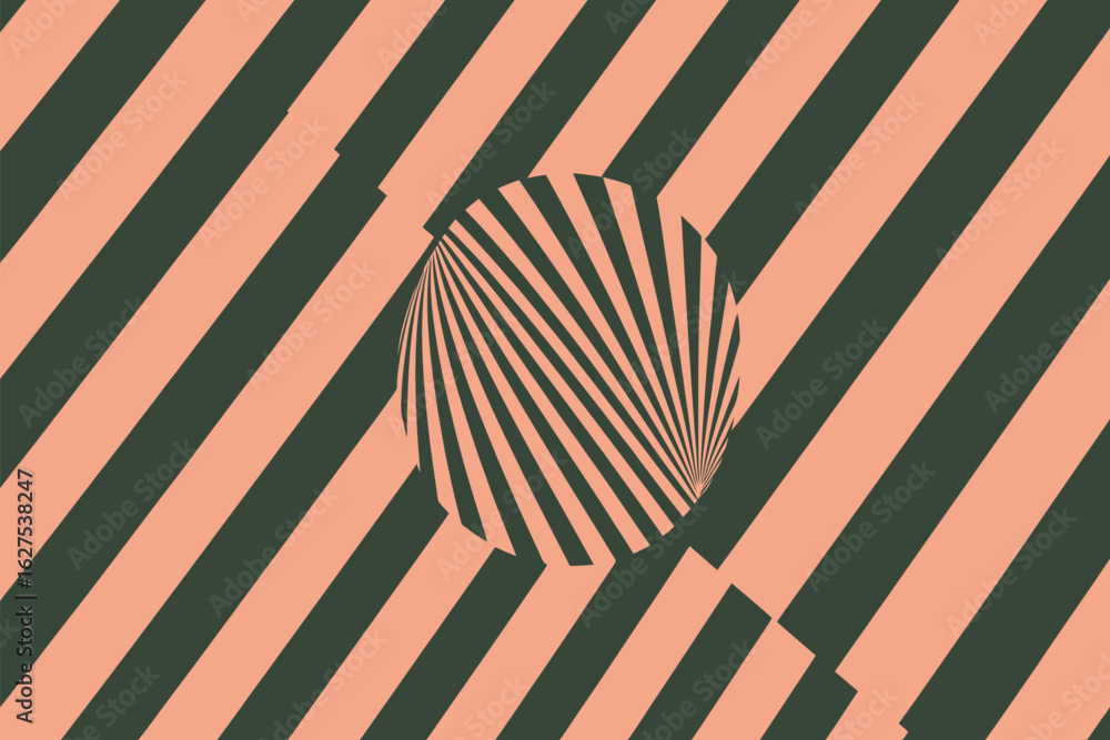 Poster abstract background with diagonal stripes of green and peach and a striped circle overlapping them