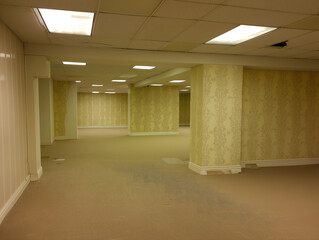 Empty backrooms interior. Beige carpeted room with fluorescent lighting, patterned wallpaper, and an eerie liminal atmosphere associated with backrooms