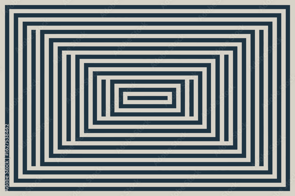 Poster a geometric pattern of nested rectangles in dark blue and light beige creating an optical illusion e