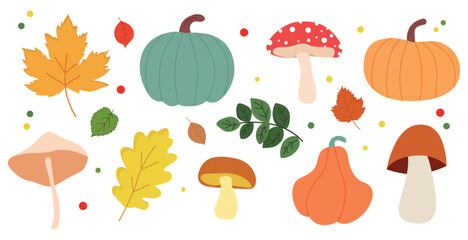 Doodle set of autumn natural elements. Autumn leaves, pumpkins, forest mushrooms. Concept of natural autumn elements and harvest. Clipart for autumn designs, Thanksgiving, Halloween, etc.