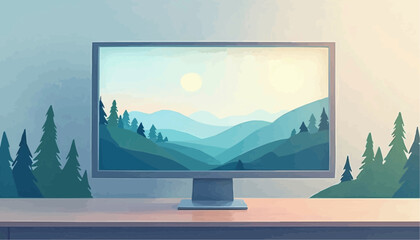 Fototapeta premium Computer Monitor Displaying Scenic Mountain Landscape with Forest and Sun in Soft Natural Light
